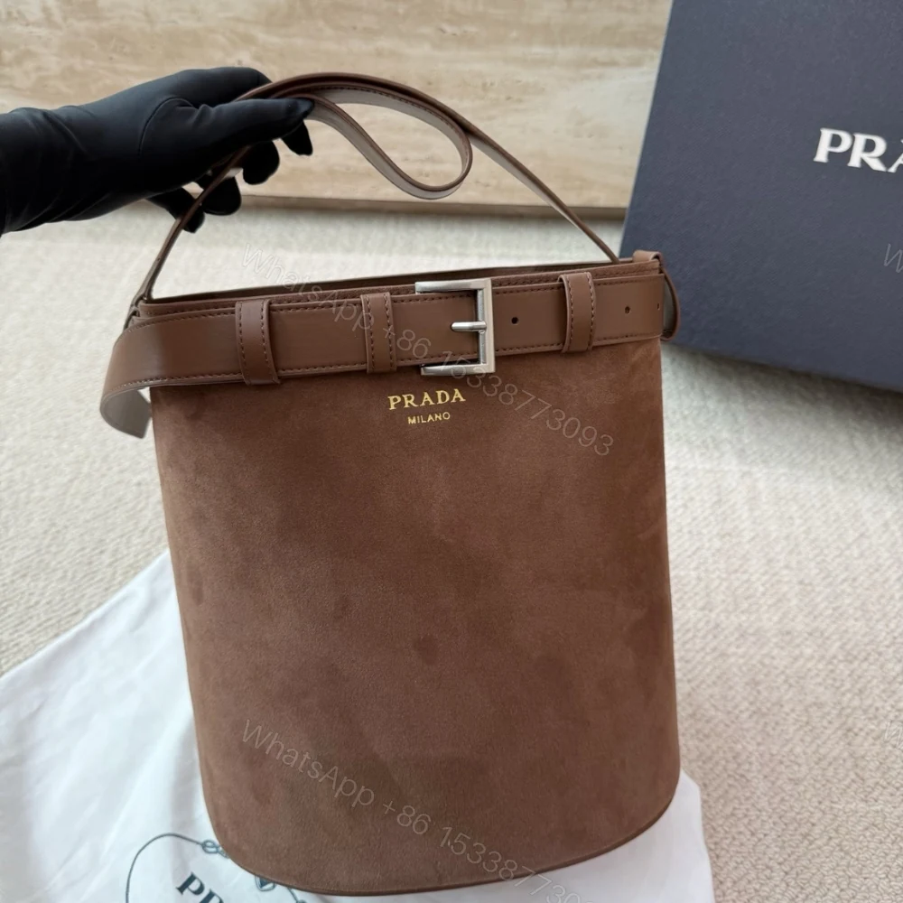 View 2 of Prada Suede Buckle Bucket Bag With Belt Brown 28Cm