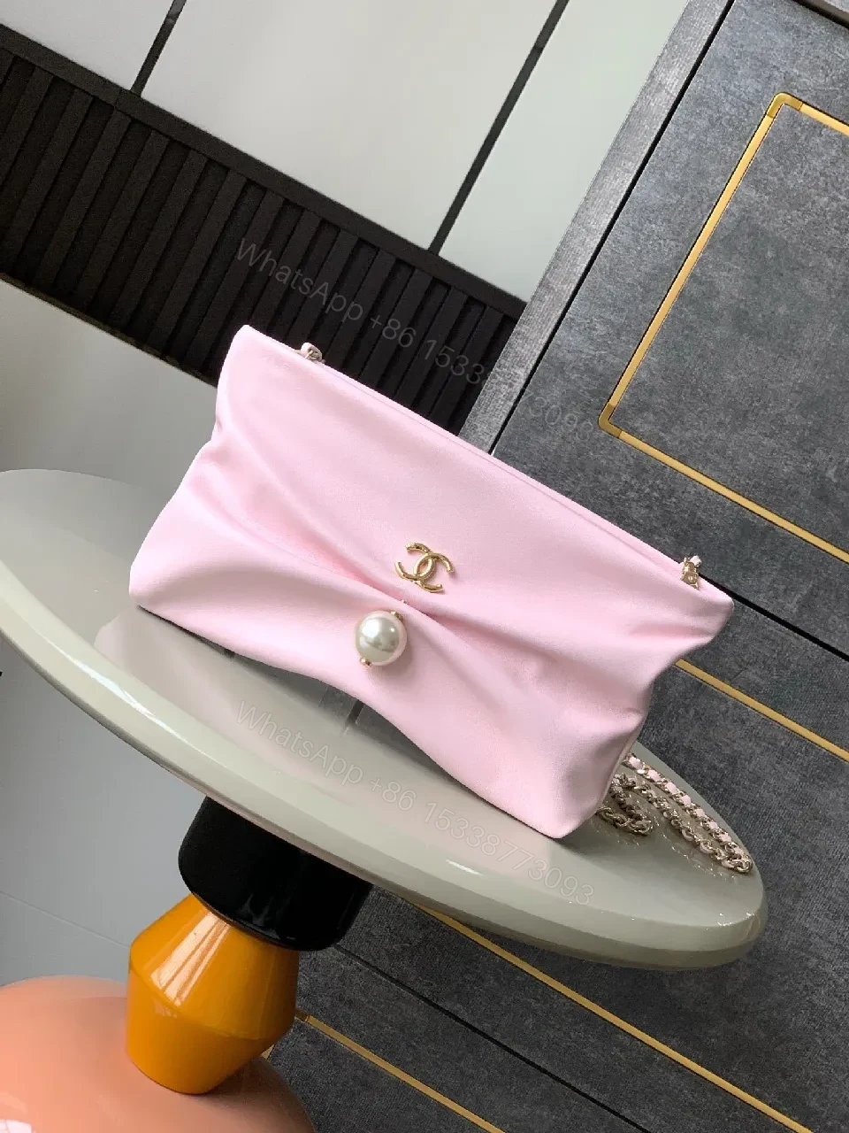 Soft Pink Satin Tote – Gold Hardware, Chain Strap, Night-Day Glam — view 1