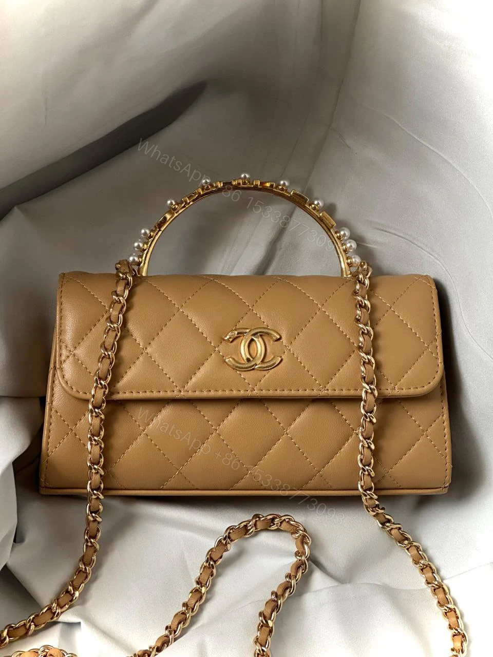 View 2 of Chanel Lambskin Enamel Quilted Top Handle Flap Phone Holder With Chain