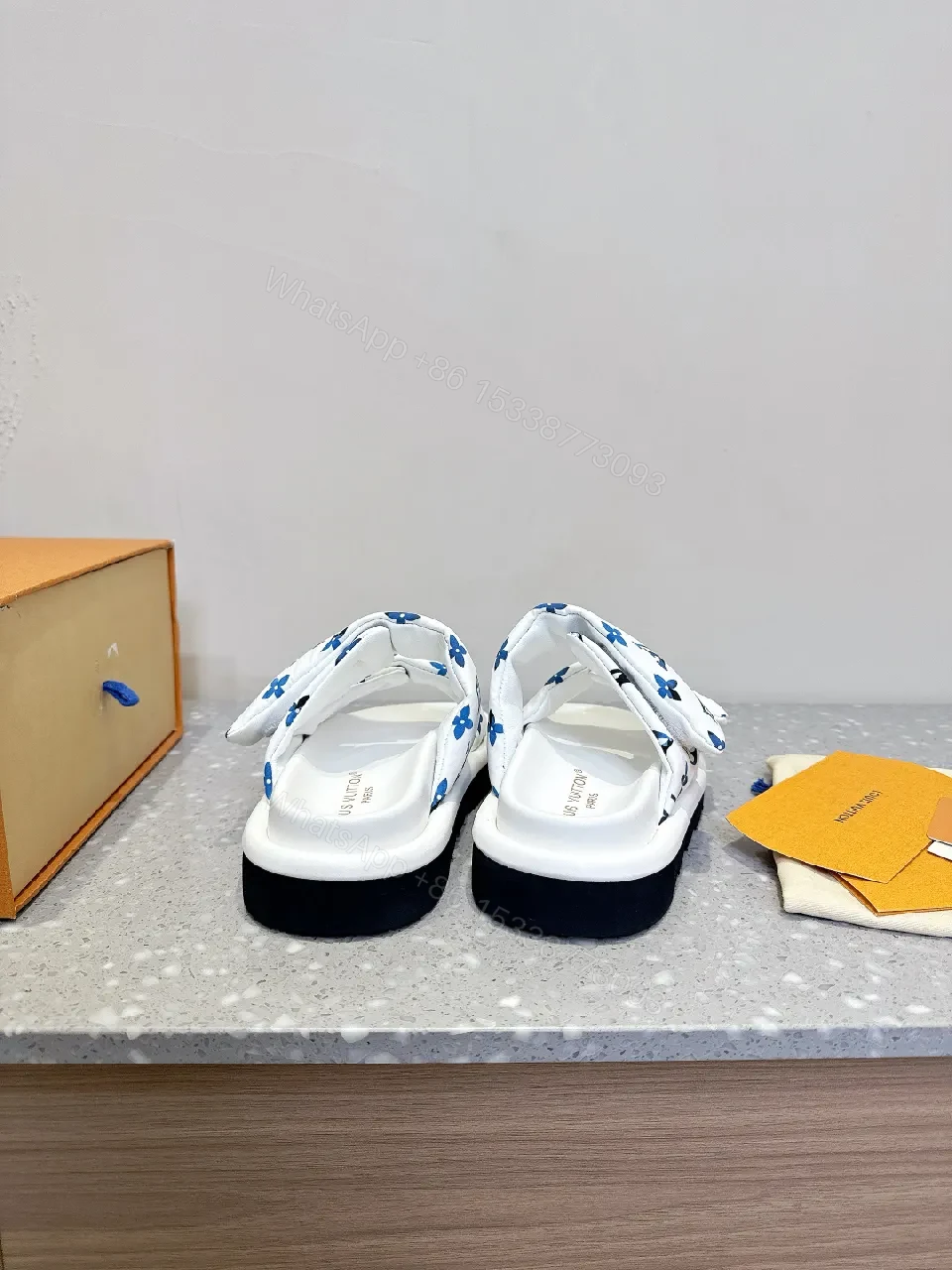View 8 of White & Navy Designer-Inspired Slides: Bold Comfort, Monogram Style
