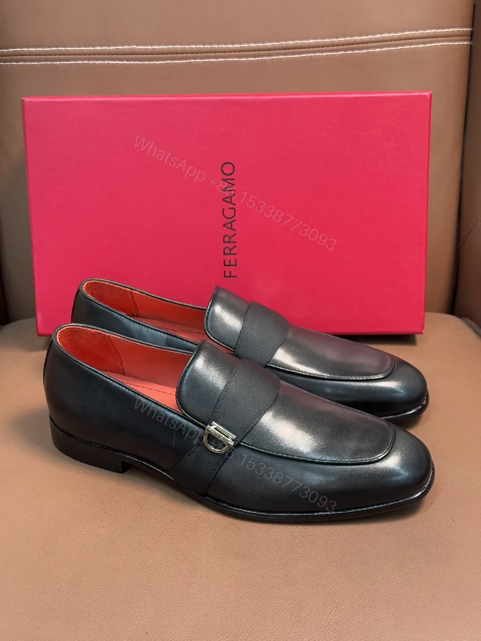 View 4 of Elegant Leather Loafers with Red Leather Interior, Metal Accent, Slip-On Style