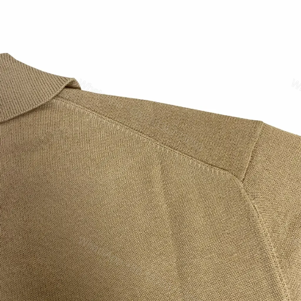 View 7 of Beige Knit Polo Shirt with V-Neck, Minimalist