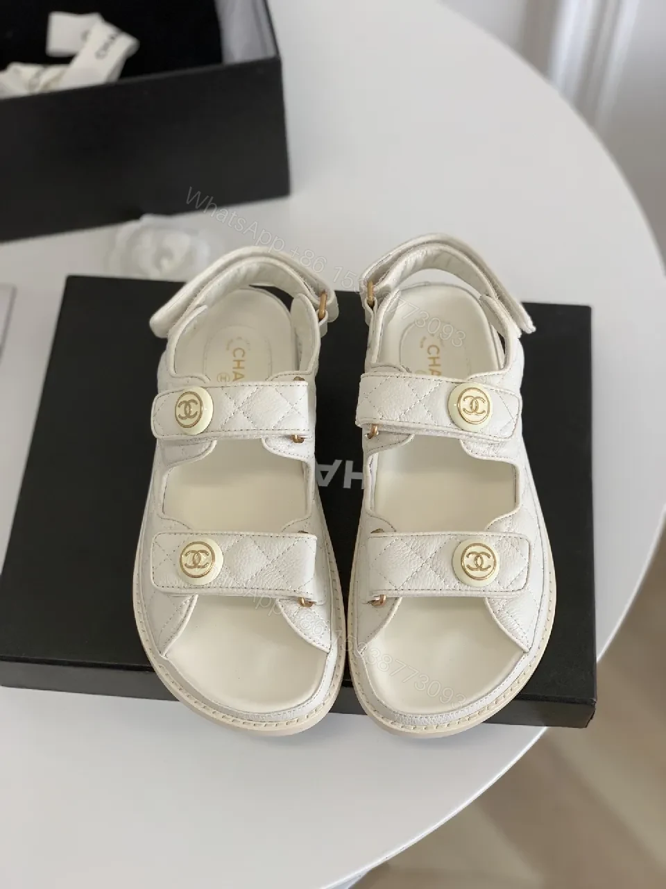View 7 of White Quilted Sandals with Gold Emblem – Luxe Comfort Sandals