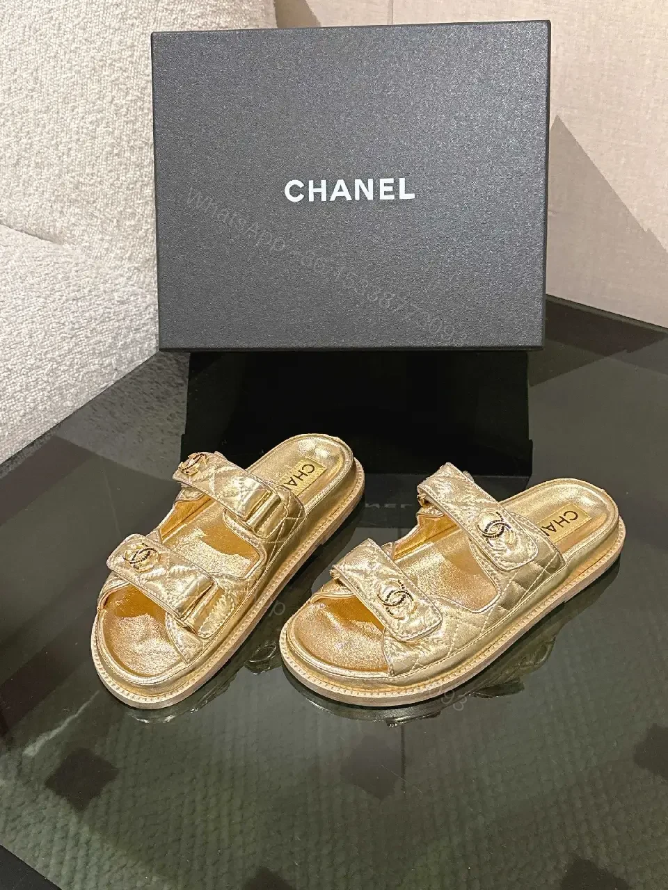 View 8 of Gold-Tone Leather Slides with Double Straps, Luxury Everyday Comfort