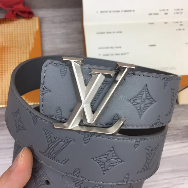 View 7 of Monogram Gray Leather Belt â€” Gold Buckle, All-Occasion Style