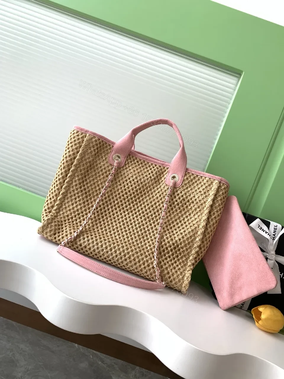 View 8 of Textured Straw Pink Tote with Chain Detail Bag
