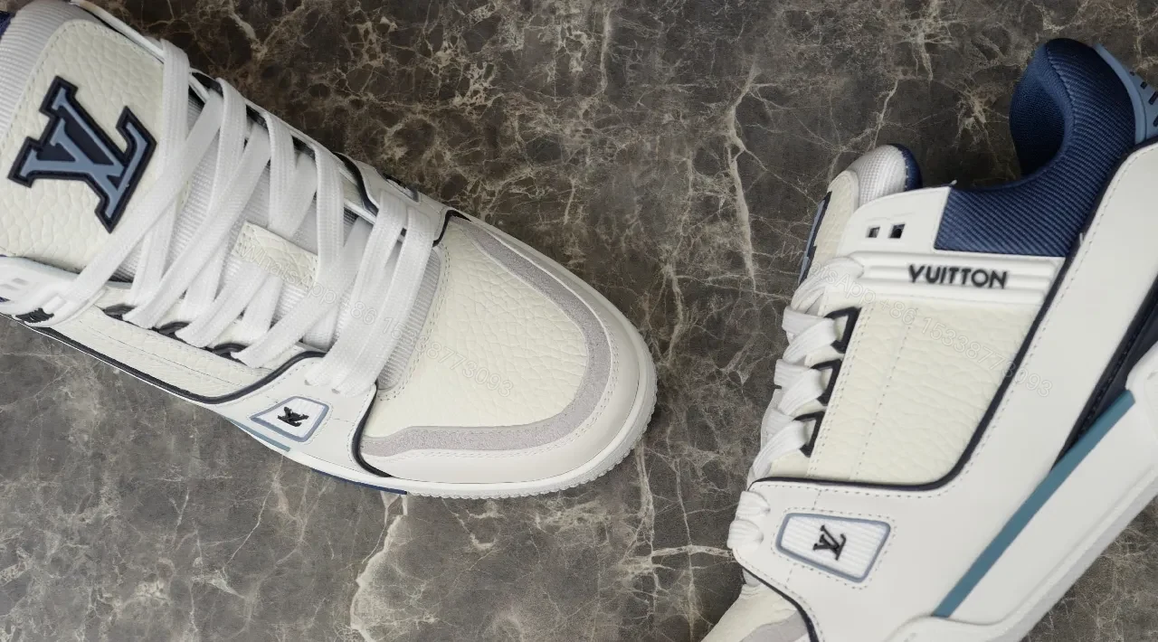 View 4 of Bright White Navy Lux Sneaker: Modern Comfort & Subtle LV-Inspired Details