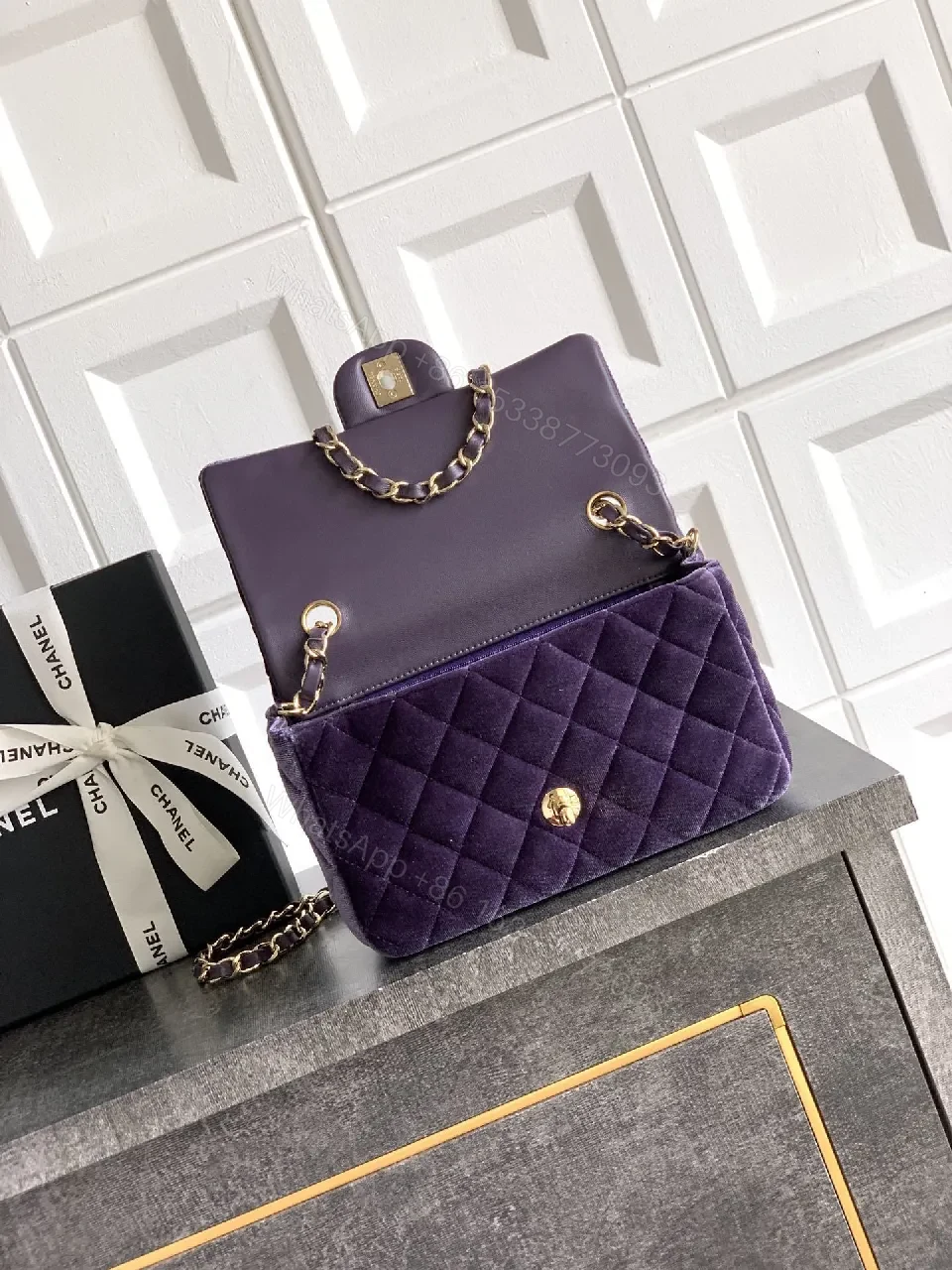 View 5 of Velvet Quilted Flap Bag with Gold Hardware - Chic Purple