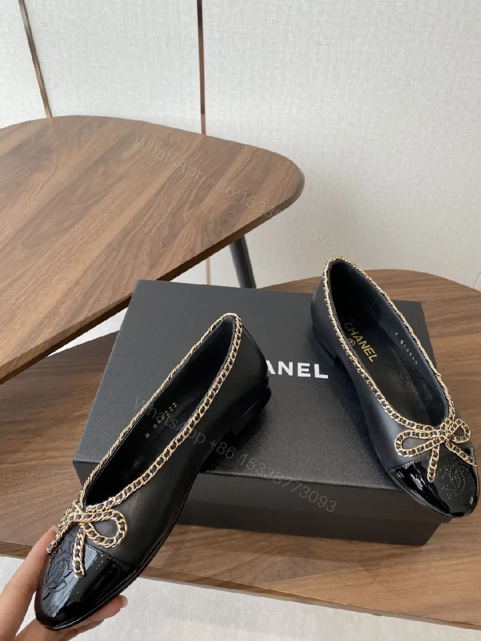 View 7 of Black Leather Ballet Flats with Chain Bow Accent - Luxe Style