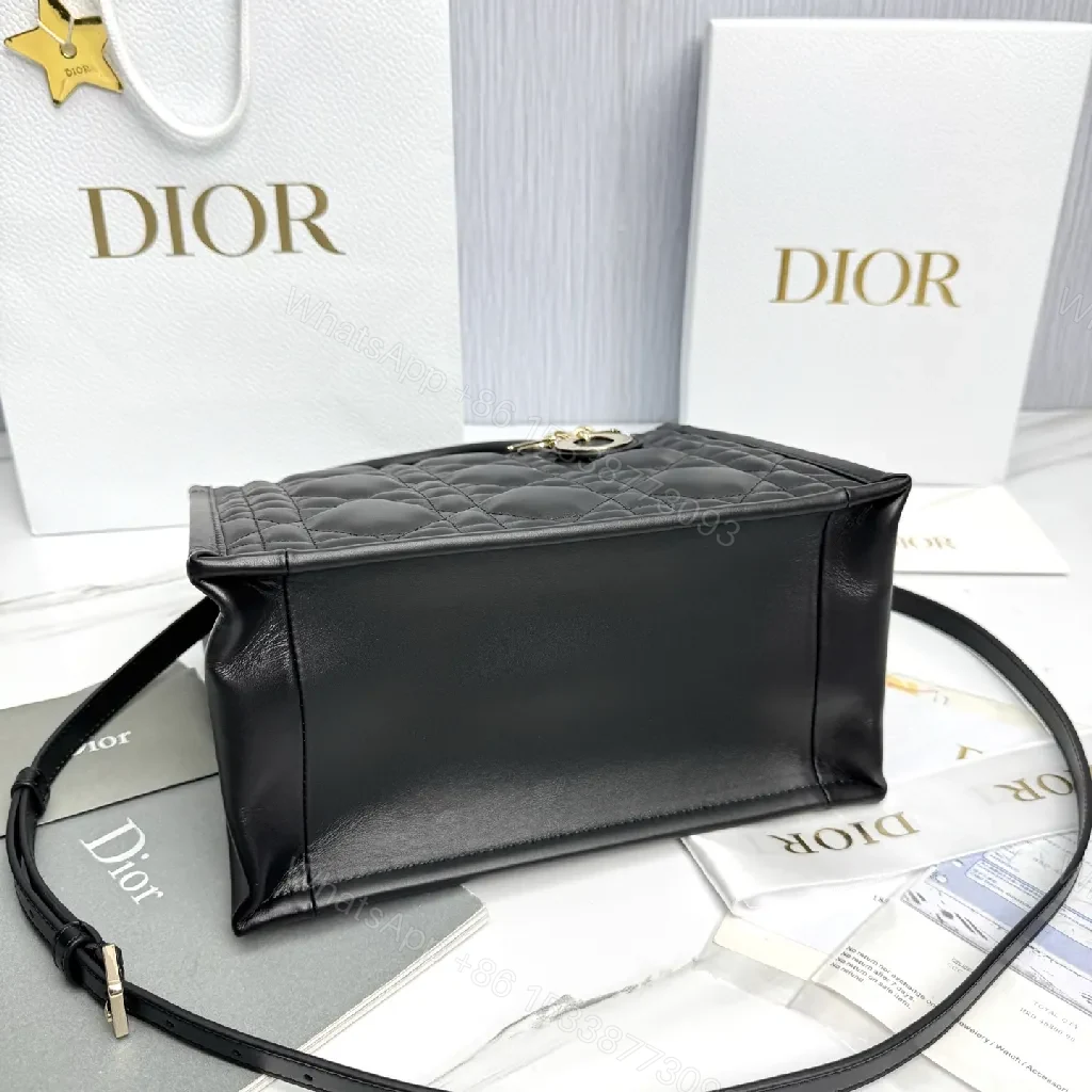 View 9 of Black Quilted Mini Tote - Leather, Gold Charm, Structured, Compact Carryall