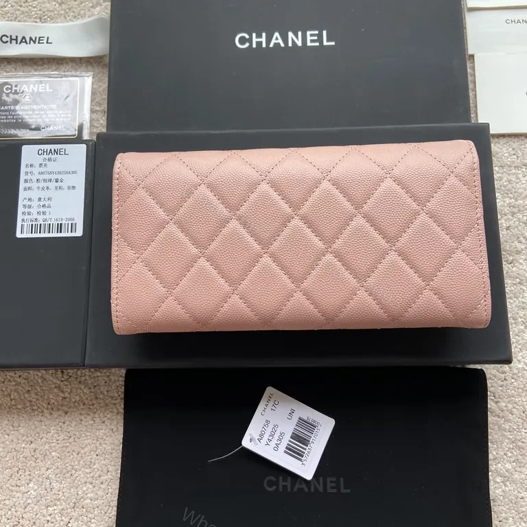 View 6 of Soft Pink Quilted Wallet with Gold Chanel Logo