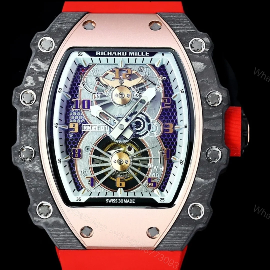 View 4 of Richard Mille RM21-01 Automatic Skeleton Watch 40MM Carbon Fiber Case Red Strap Aerospace Structure 20 Keyway Screws Premium Edition RM-RM21-01-CF-RED-SKL-40