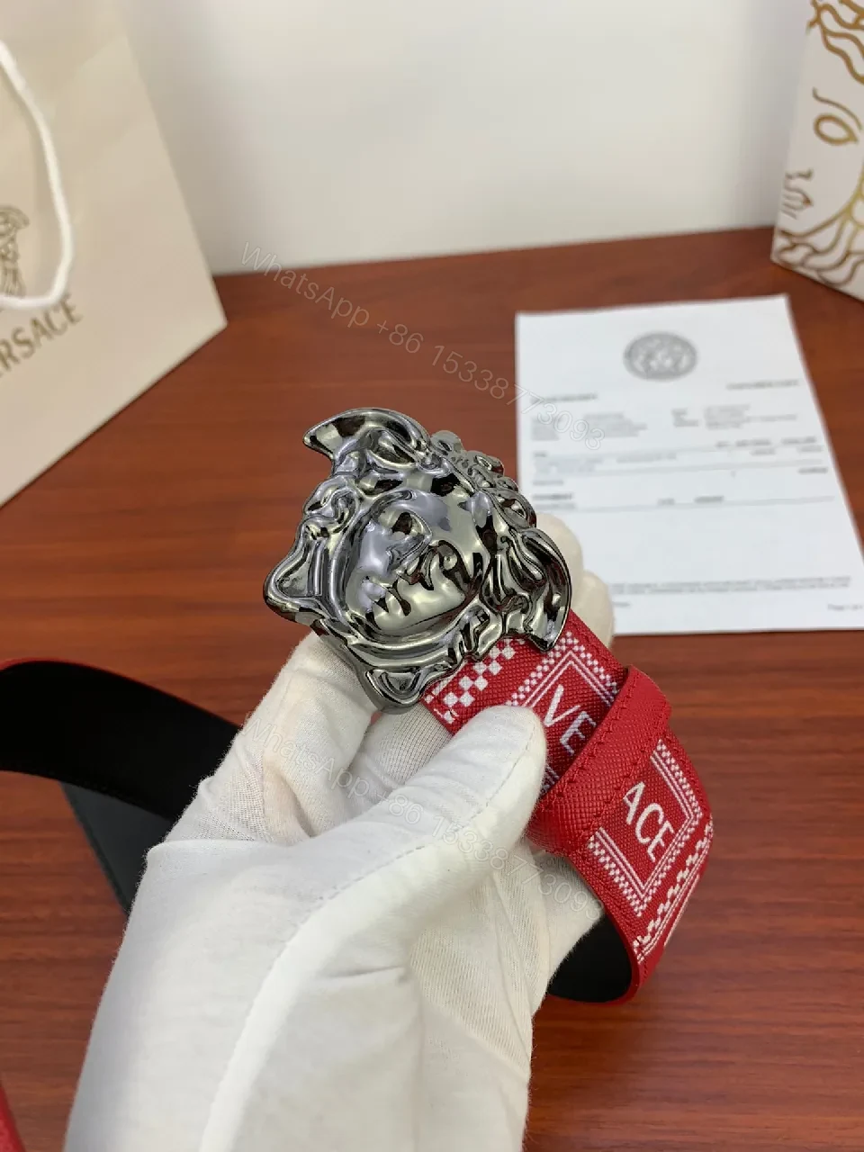 View 5 of Bold Red Belt with Medusa Buckle — Street-Ready Luxury