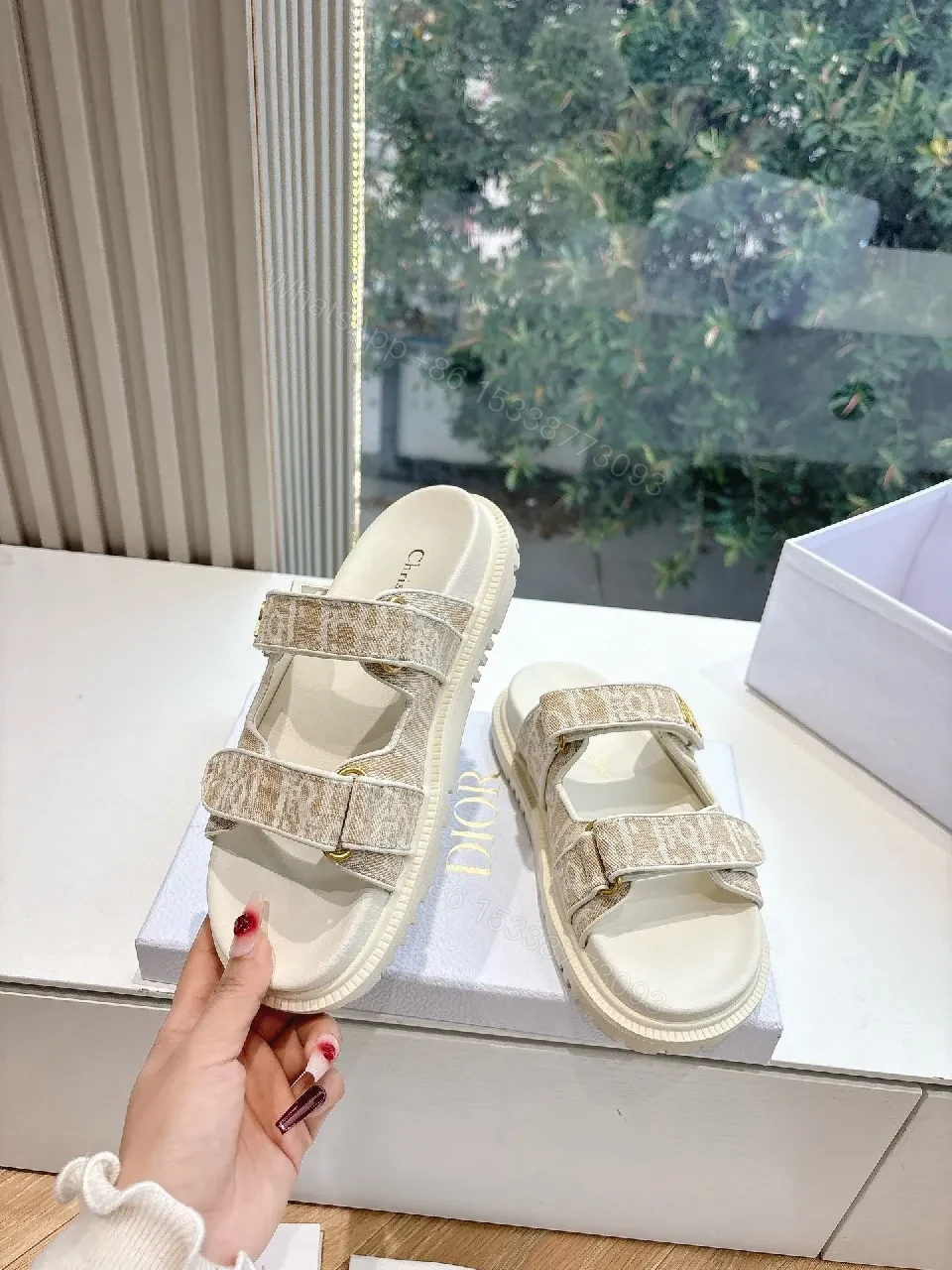 View 6 of Beige Monogram Strapped Slides: Elevated Comfort