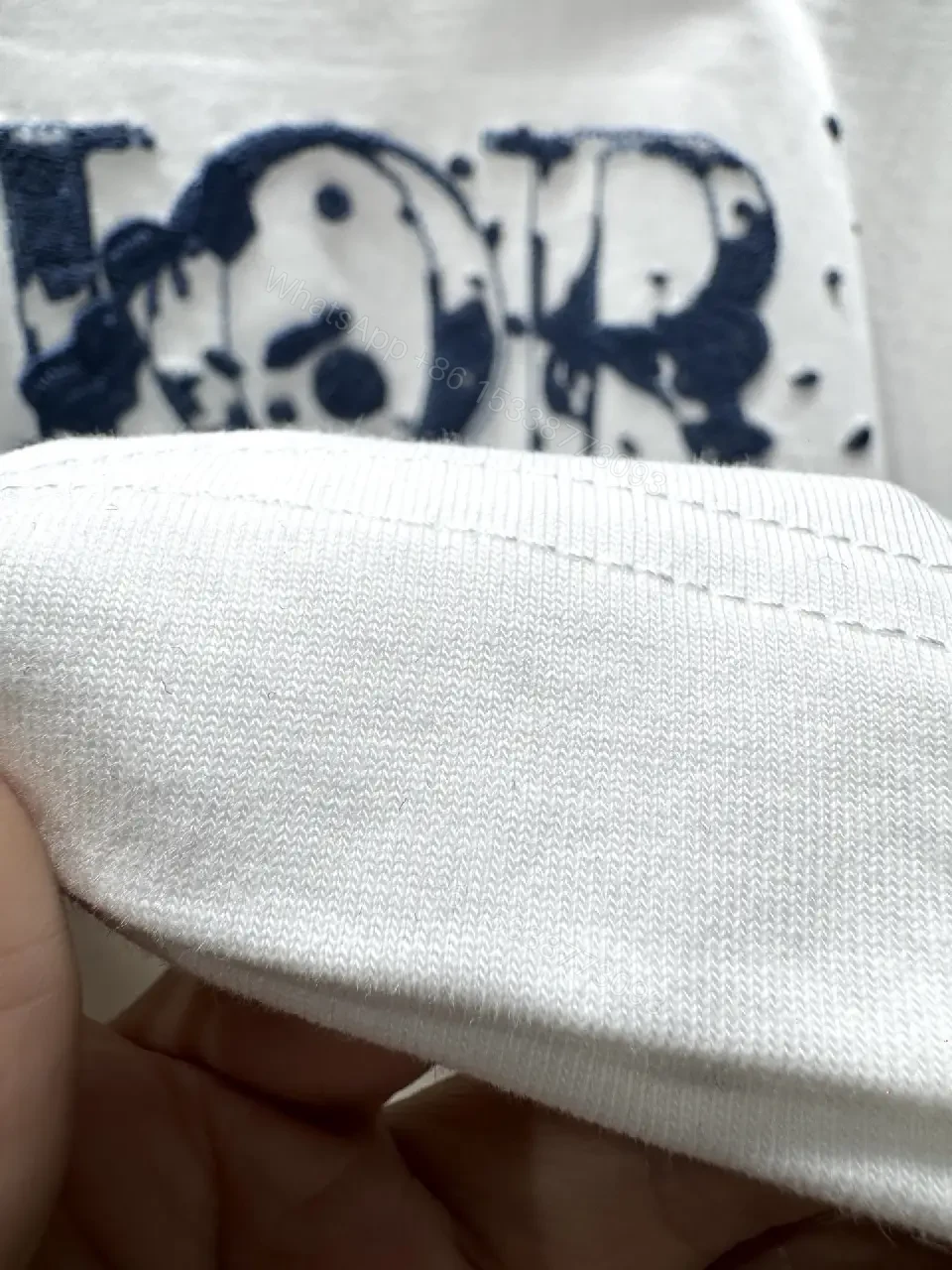View 3 of White Cotton Tee with Distressed DIOR-Inspired Logo (Casual Luxe)
