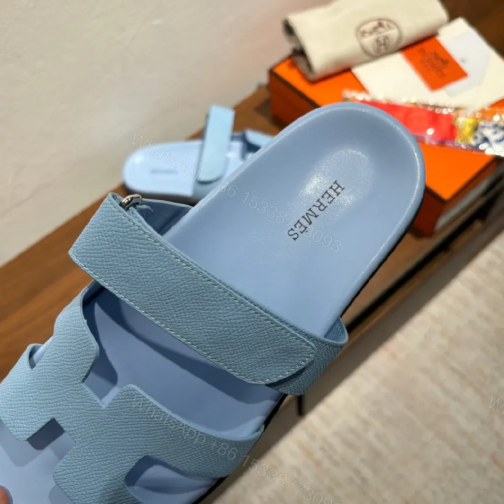 View 4 of Light-Tide Blue Leather Slide Sandals, Modern Cutout Comfort