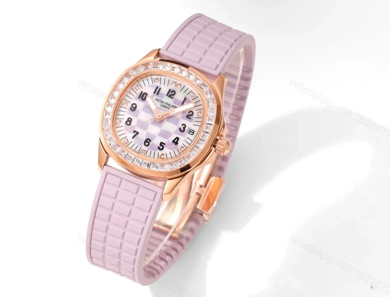 View 2 of Patek Philippe Aquanaut Mechanical Women’s Watch Pink Rubber Strap Rose Gold Case Diamond Bezel