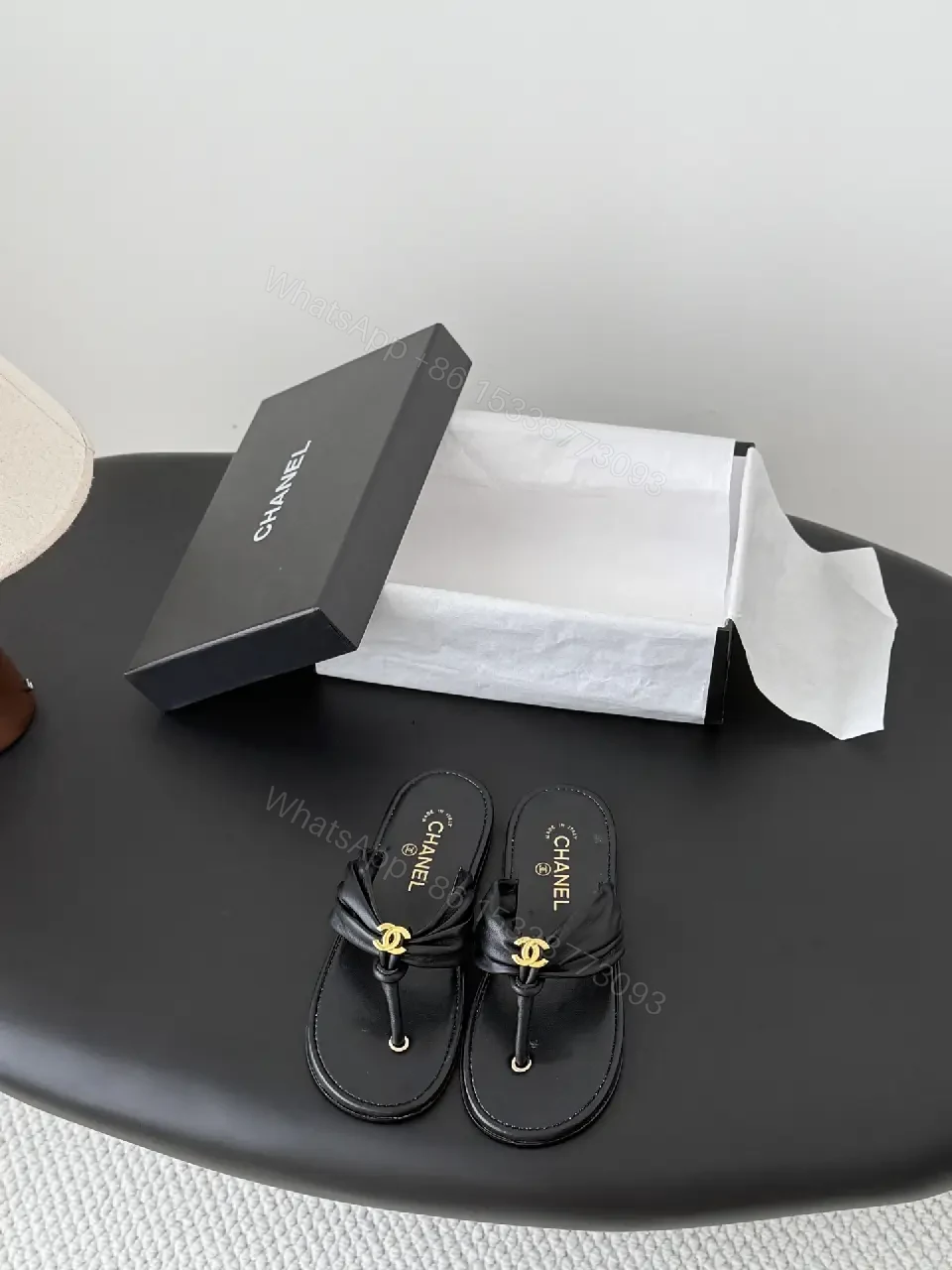 View 10 of Black Leather Sandals Satin Classic Gold Logo Slippers