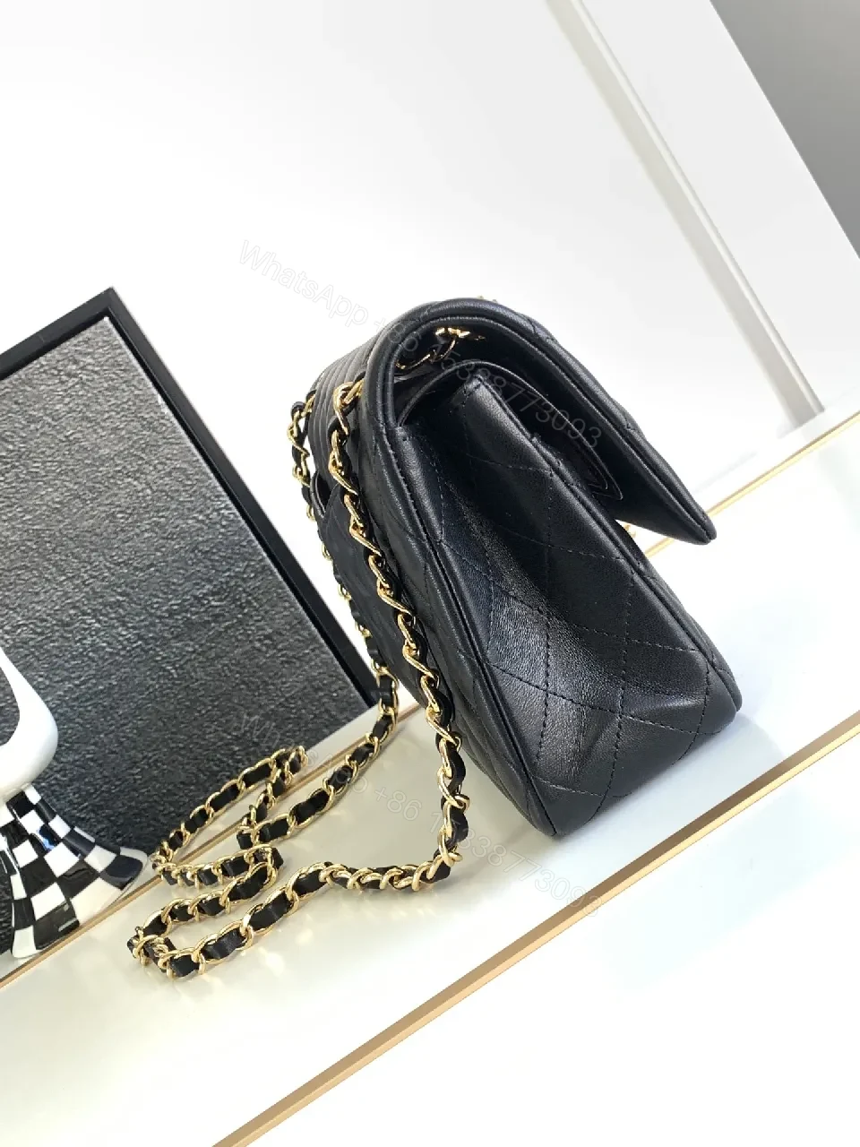 View 5 of Chic Quilted Black Leather Flap Bag with Gold Chain