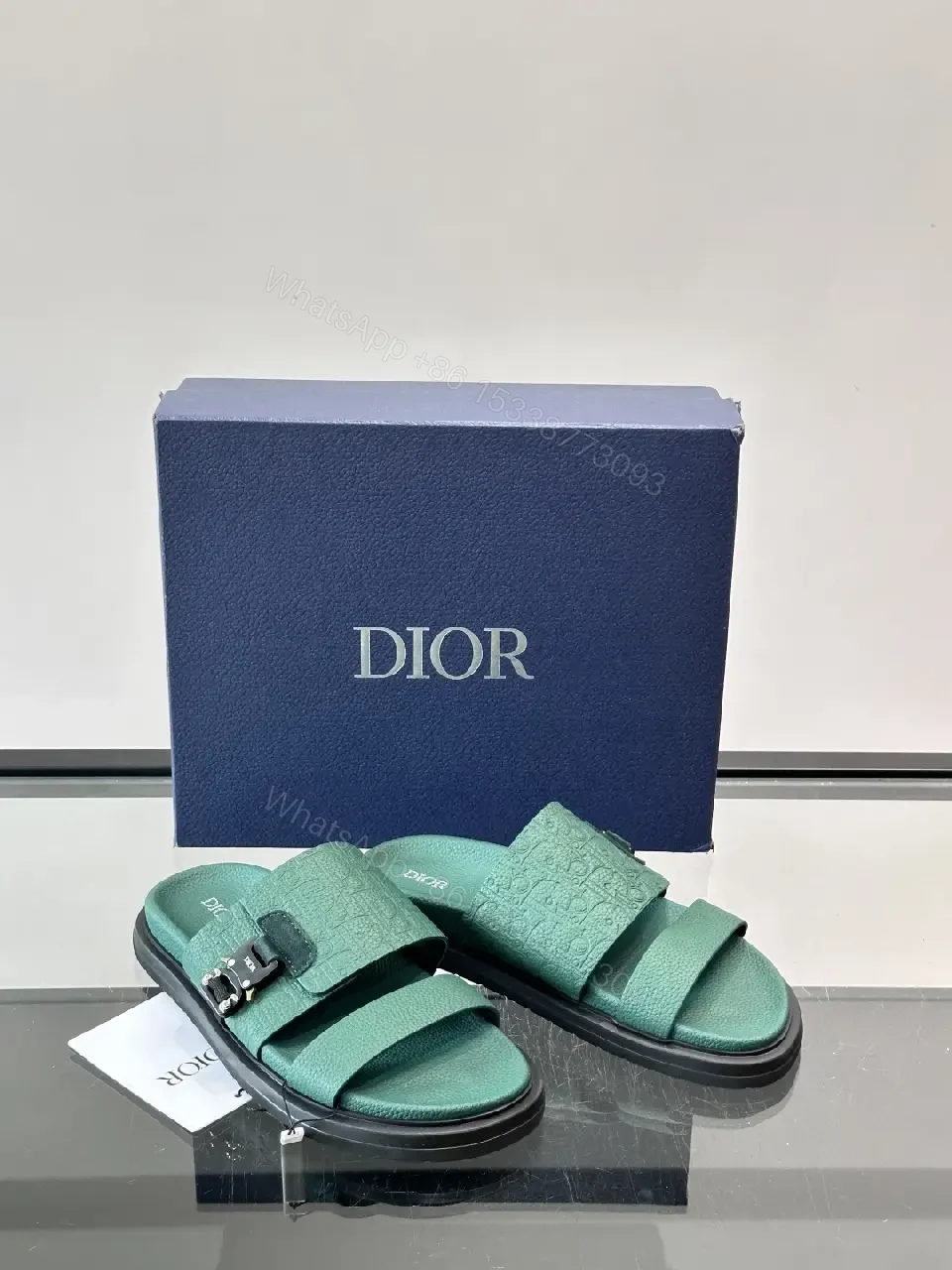 View 8 of Green Leather Slide Sandals Minimalist Style with Buckle Feature Sandals