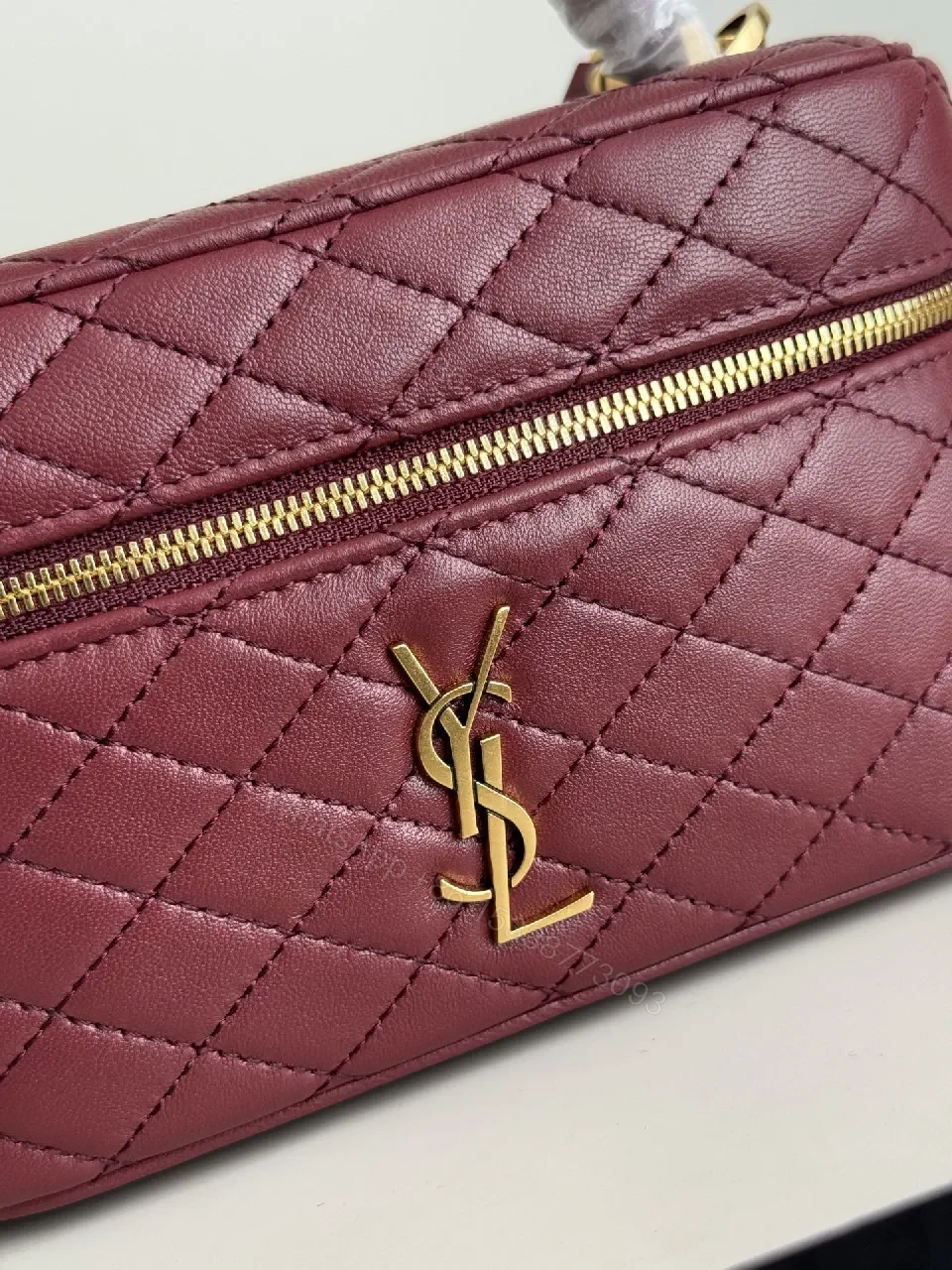 View 8 of Burgundy Quilted Leather Bag with Gold Hardware, Compact Style