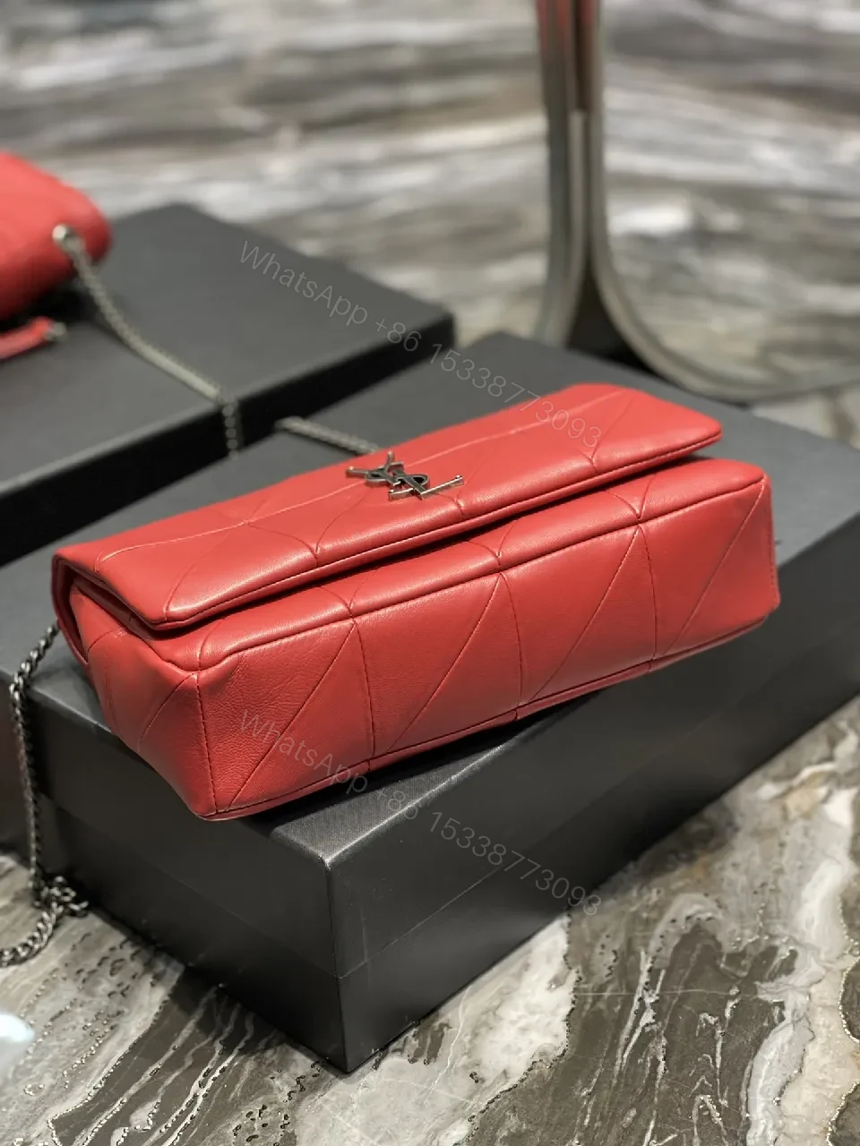 View 6 of Red Leather Quilted Shoulder Bag with Gold Hardware, Structured Chic, Everyday Luxury
