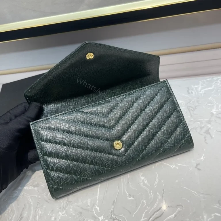 View 8 of Emerald Chevron Leather Wallet by YSL, Compact Luxury