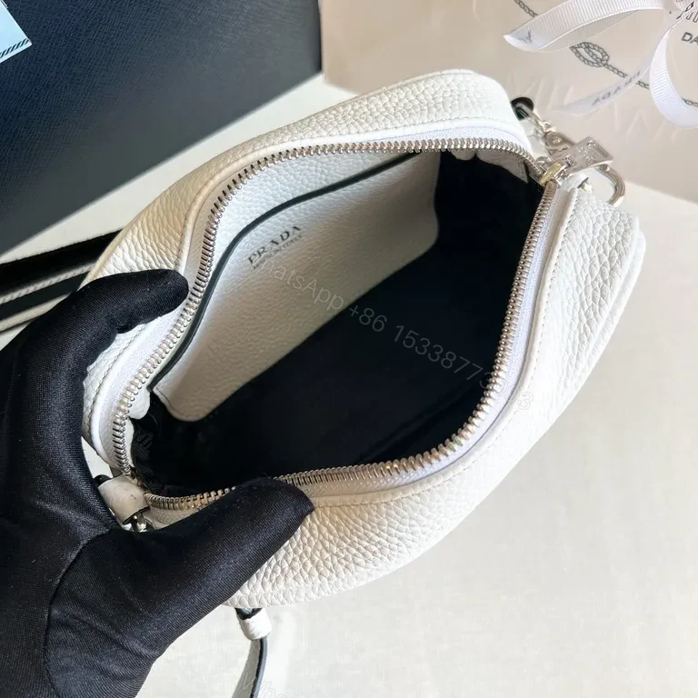 View 7 of White Leather Rectangular Crossbody with Bold Prada-Style Logo Strap