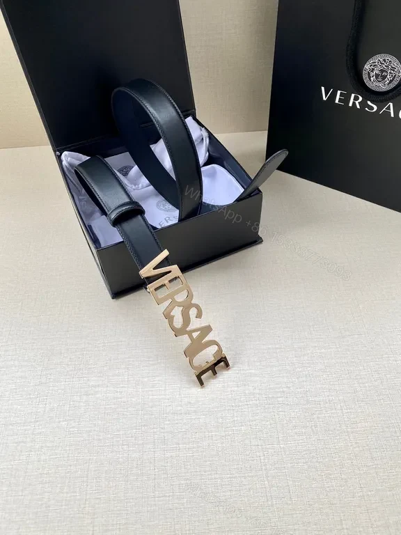 View 5 of Versace Leather Belt: Black with Rose-Gold Buckle, Minimalist Luxury
