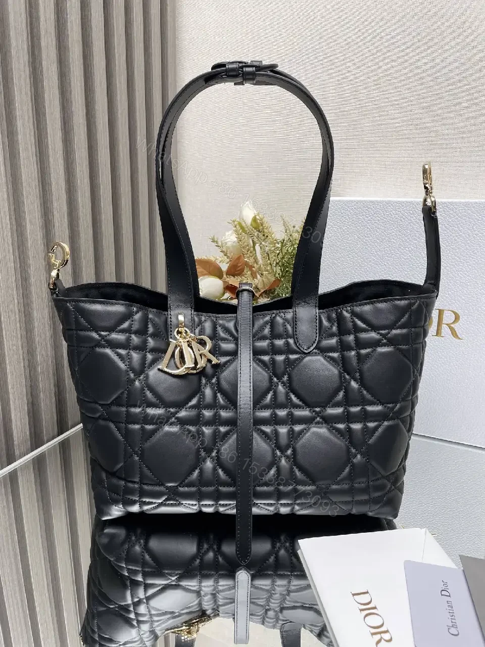 View 5 of Black Quilted Tote with Gold Charm – Luxury Everyday Bag