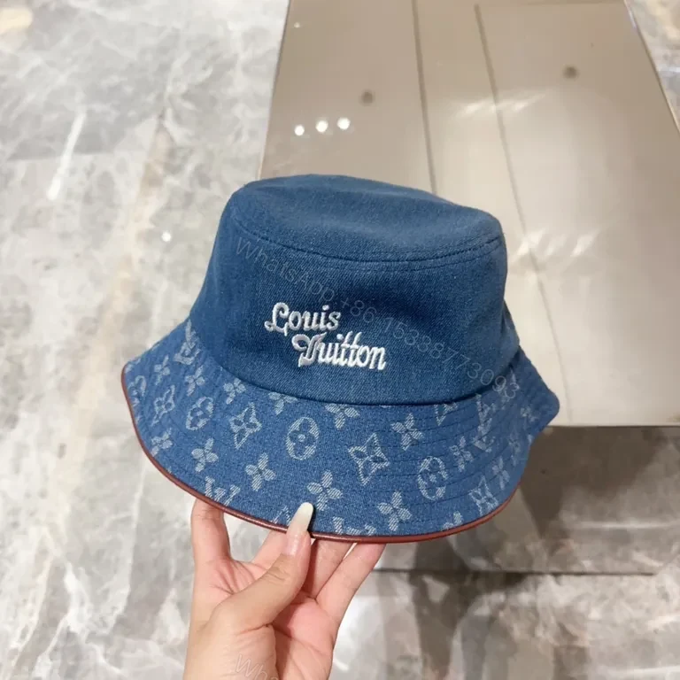 View 9 of Denim Bucket Hat with LV Monogram Accents - Modern Texture