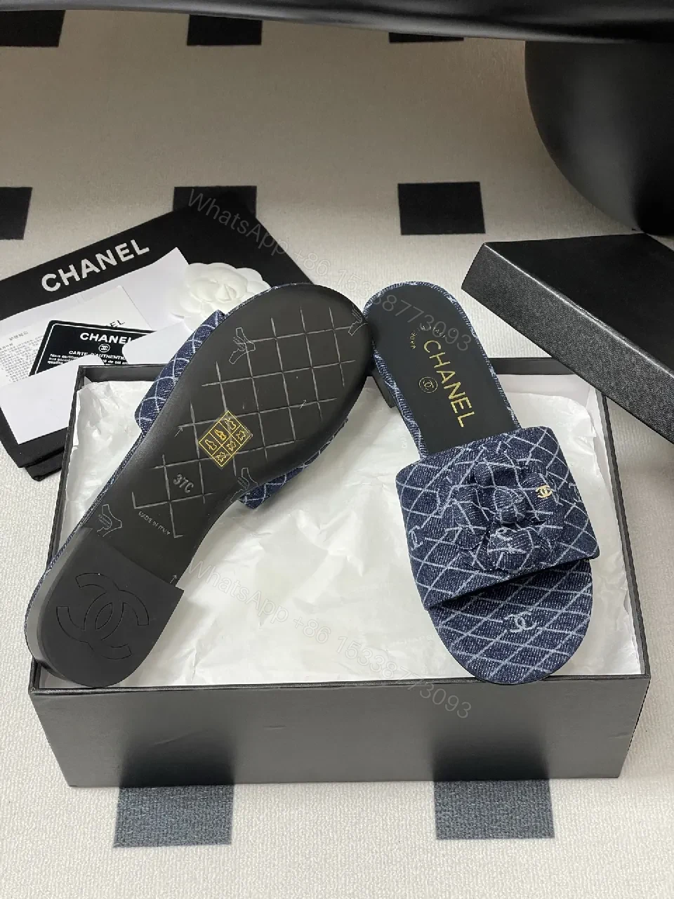View 9 of Denim Pattern Slip-Ons with Signature Flower Bow Mule