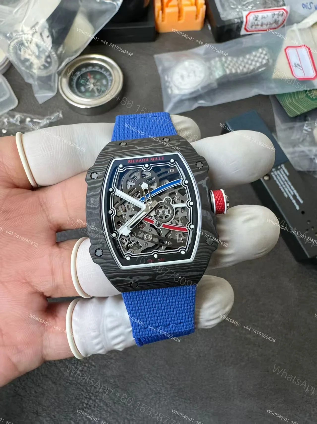 View 2 of Super Clone Richard Mille RM67-02 Carbon TPT Skeleton Tourbillon 1:1 Replica Watch with Blue Strap