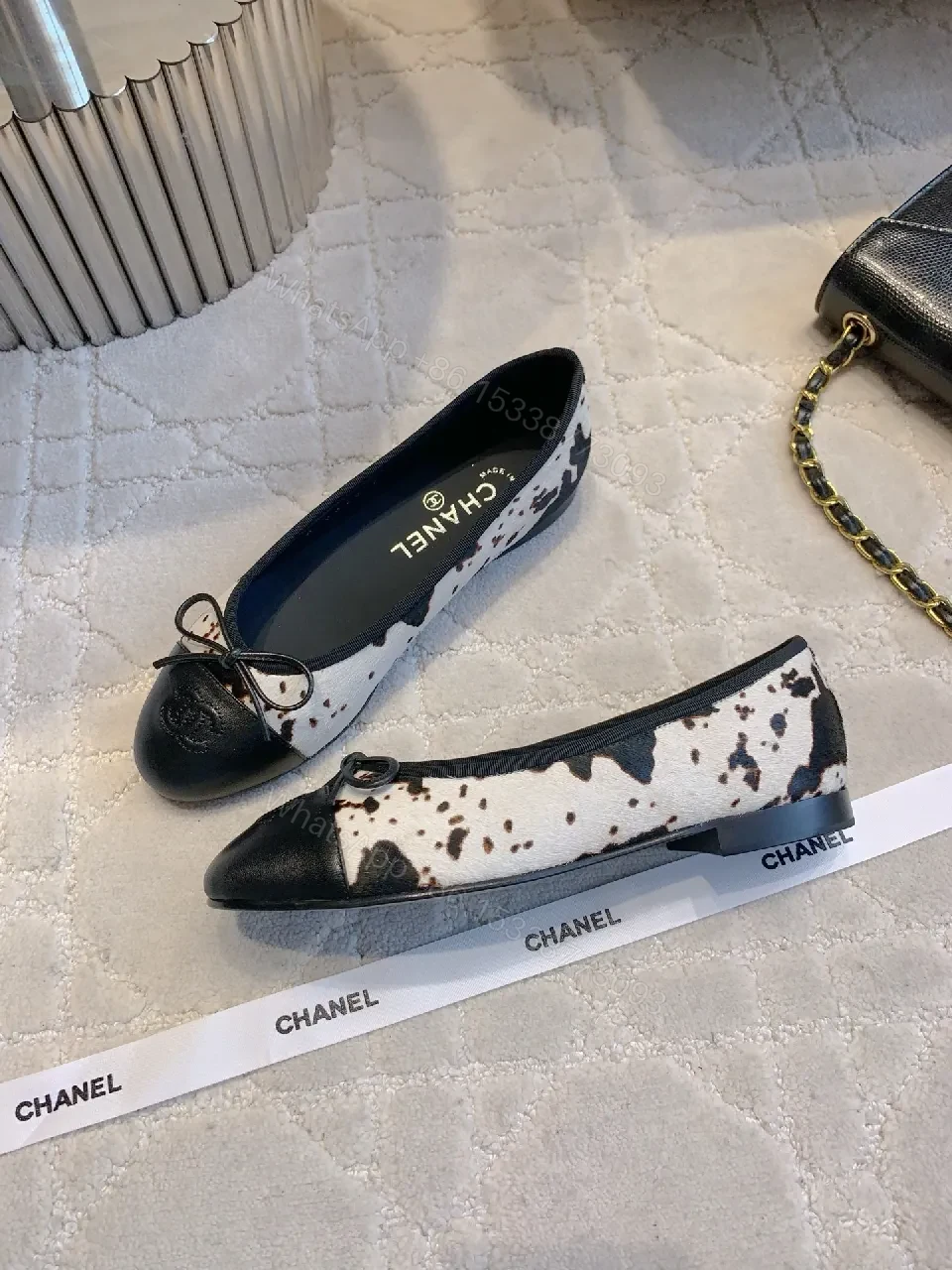 View 7 of Navy Leather Bicolor Ballet Flats with Leopard Panels, Comfort