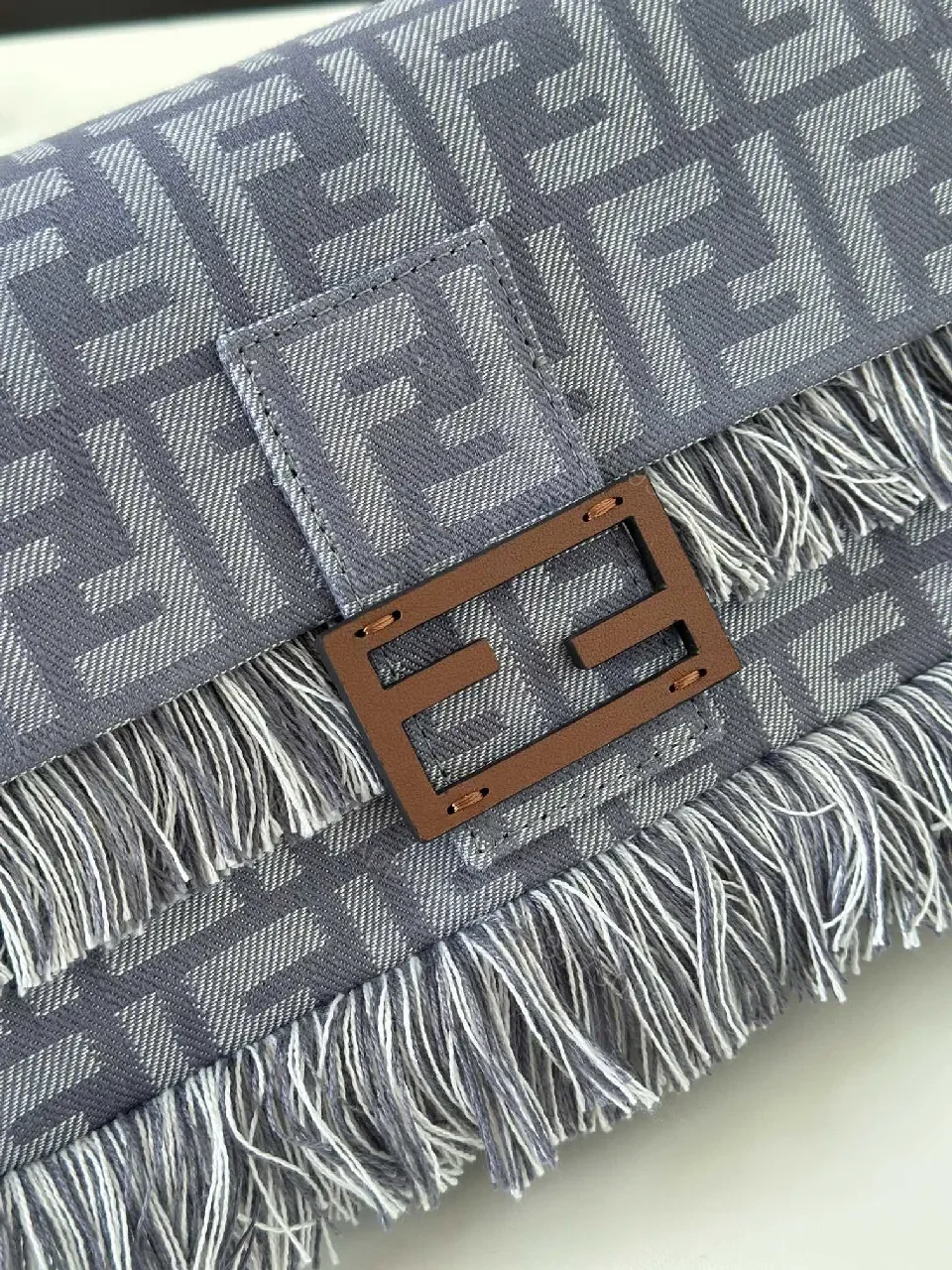 View 5 of Textured Gray Jacquard Fringe Bag - Modern Luxury Tote