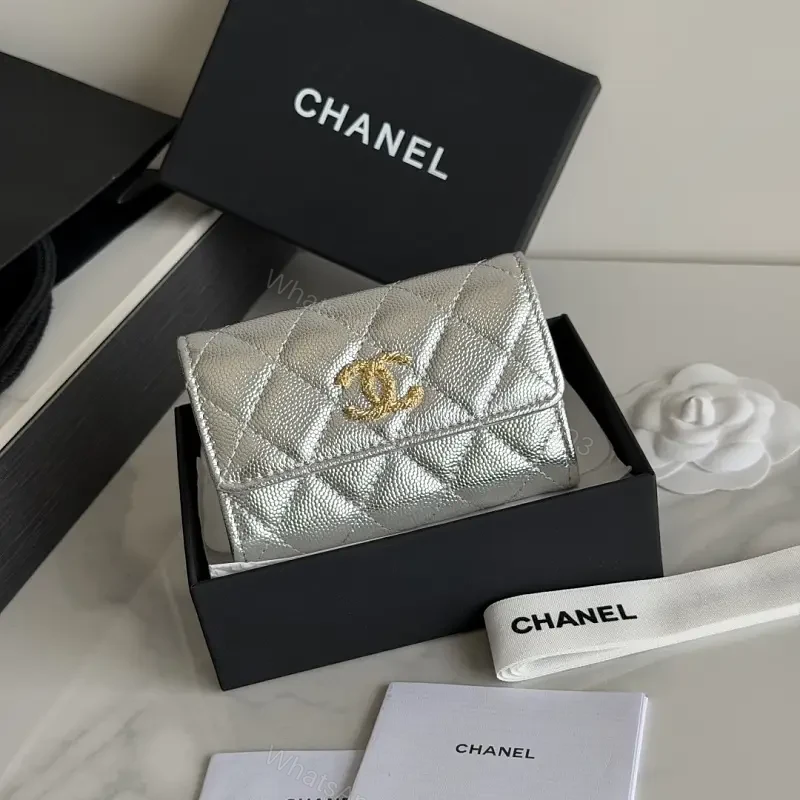 Metallic Silver Leather Quilted Flap Wallet, Compact Bi-fold with Gold CC Logo — view 1