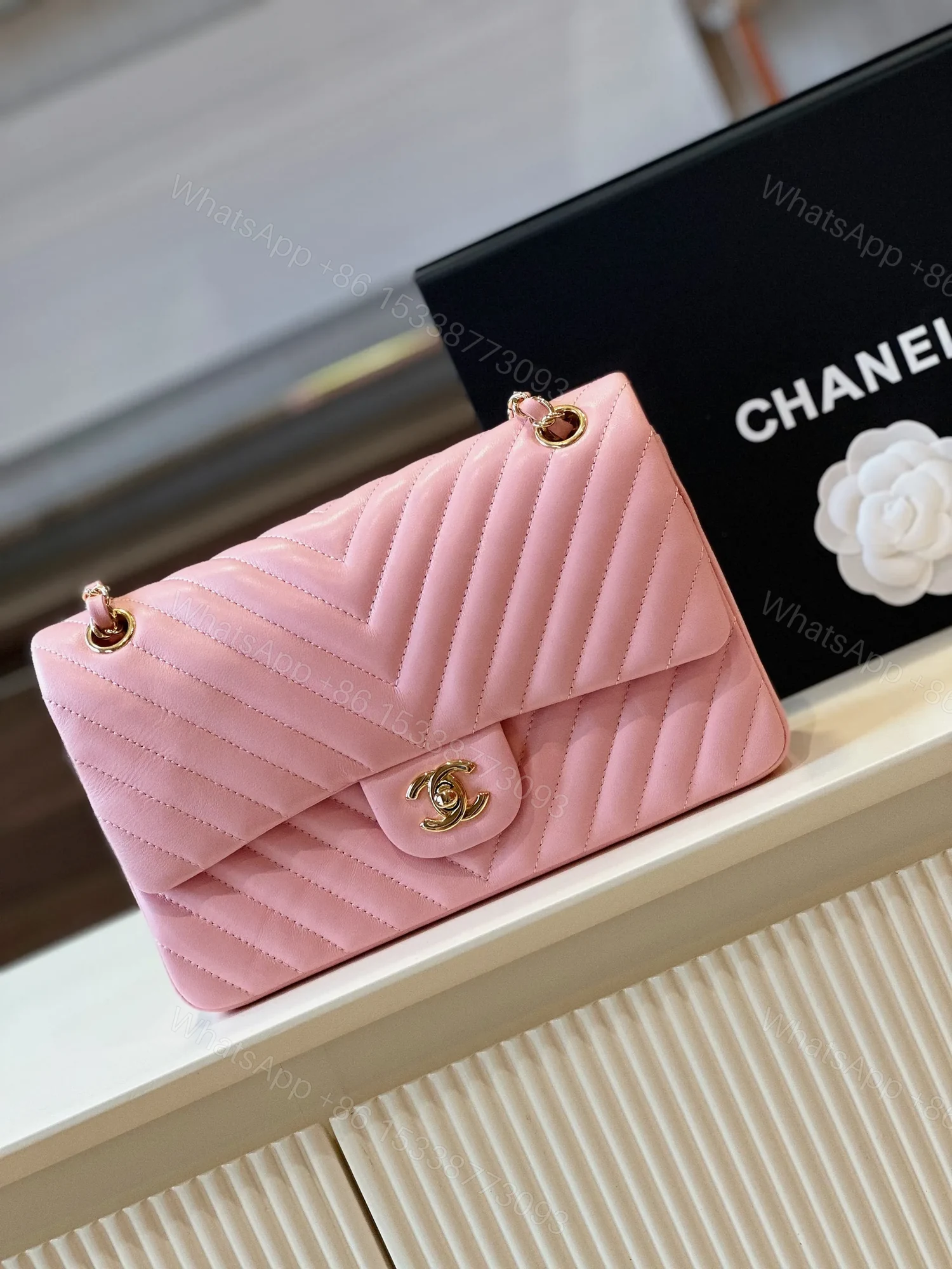 View 2 of Chanel Classic Handbags V-Pattern Pink Lock Gold 23cm