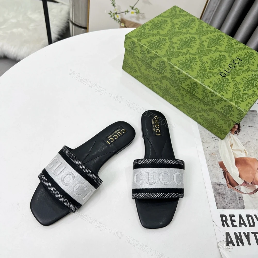 View 3 of GUCCI WOMEN SLIDE SANDAL WITH WEB BLACK AND WHITE 817564 FAECG 8843