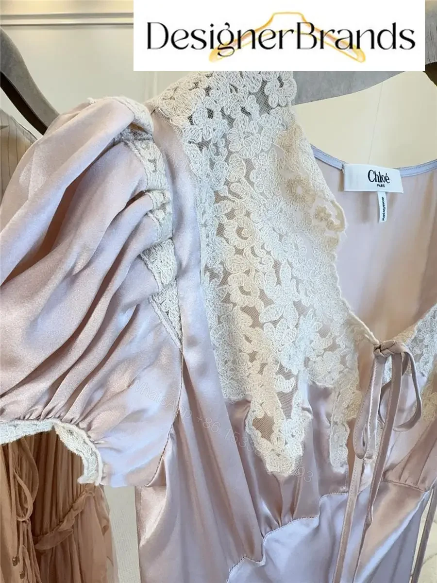 View 6 of Chloe Pale Pink Silk Satin Maxi Dress with Lace Trim