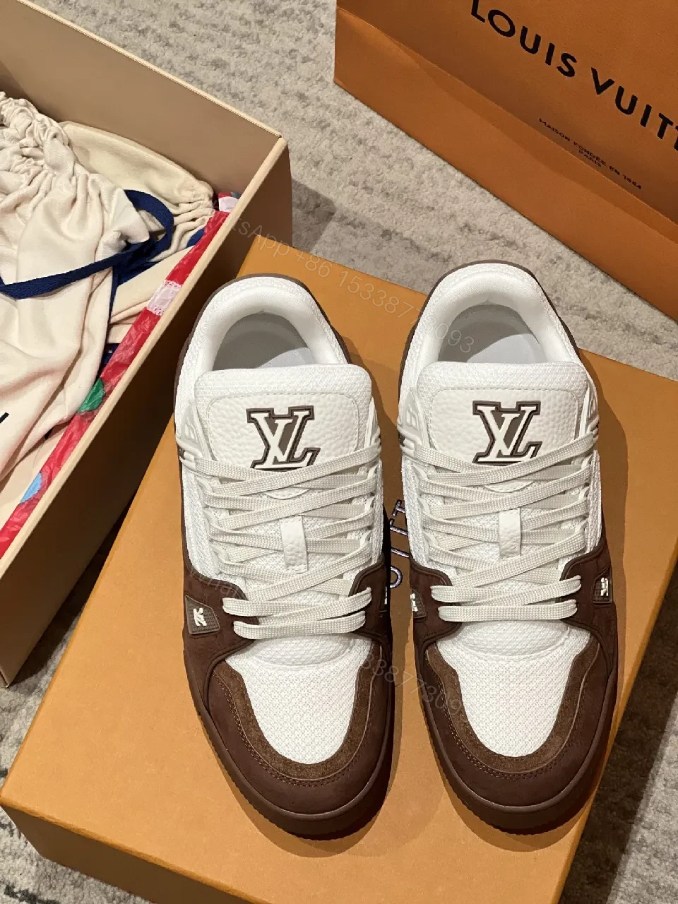 View 6 of Bold Contrast High-Top Sneakers in White & Chocolate Suede
