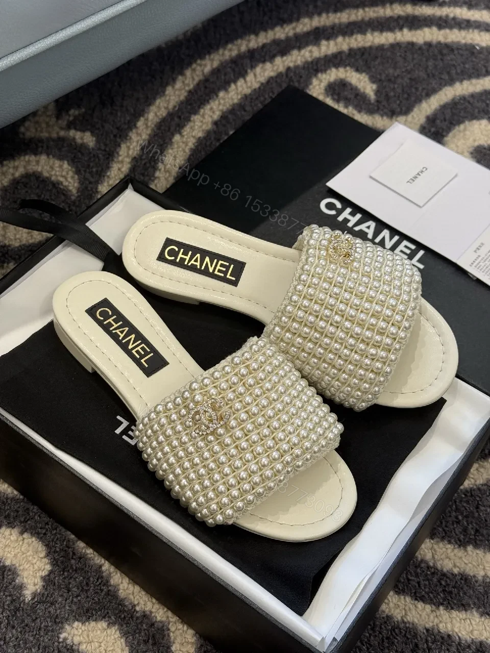 View 4 of Pearl-Embellished Slide Sandals: Luxe Resort Comfort