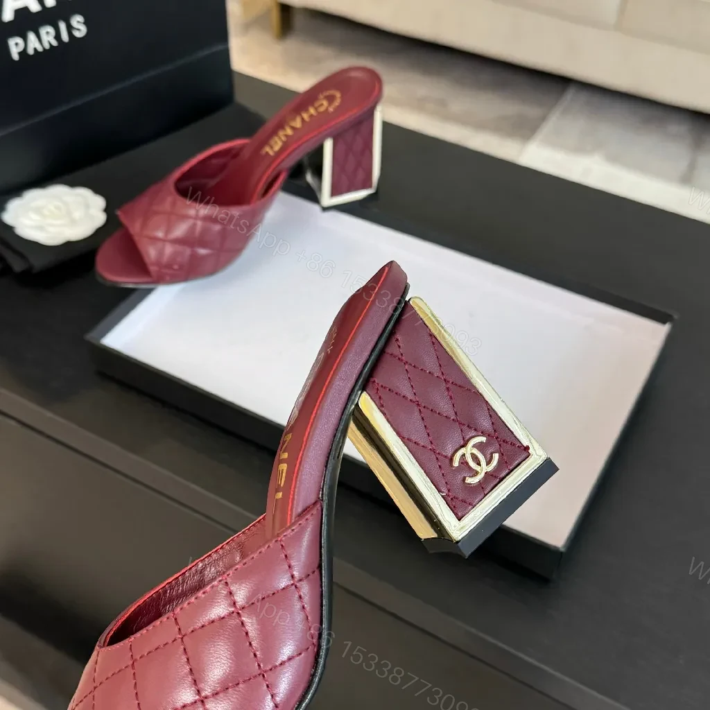 View 5 of Burgundy Quilted Leather Slide with Gold-Accent Comfort Footbed