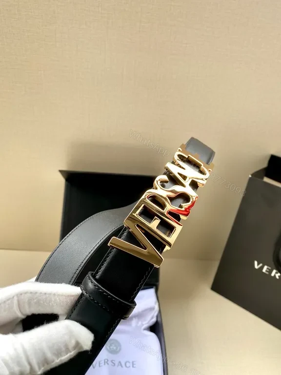View 2 of Versace Leather Belt: Black with Rose-Gold Buckle, Minimalist Luxury