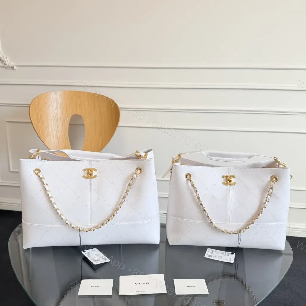 View 7 of White Quilted Tote with Gold Chain - Structured, Luxe Classic