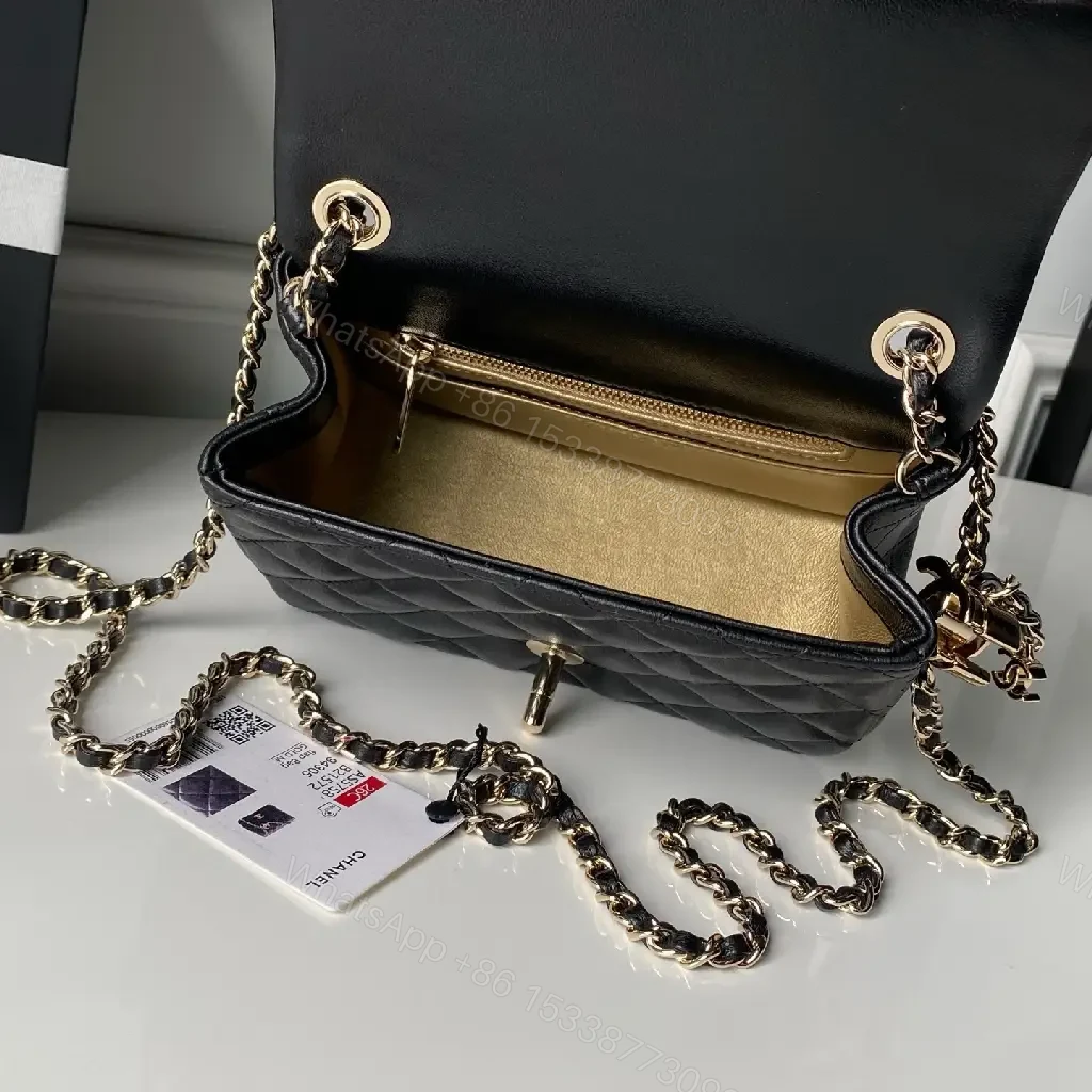 View 2 of Black Quilted Leather Flap Bag with Chain, Classic Weekender Elegance