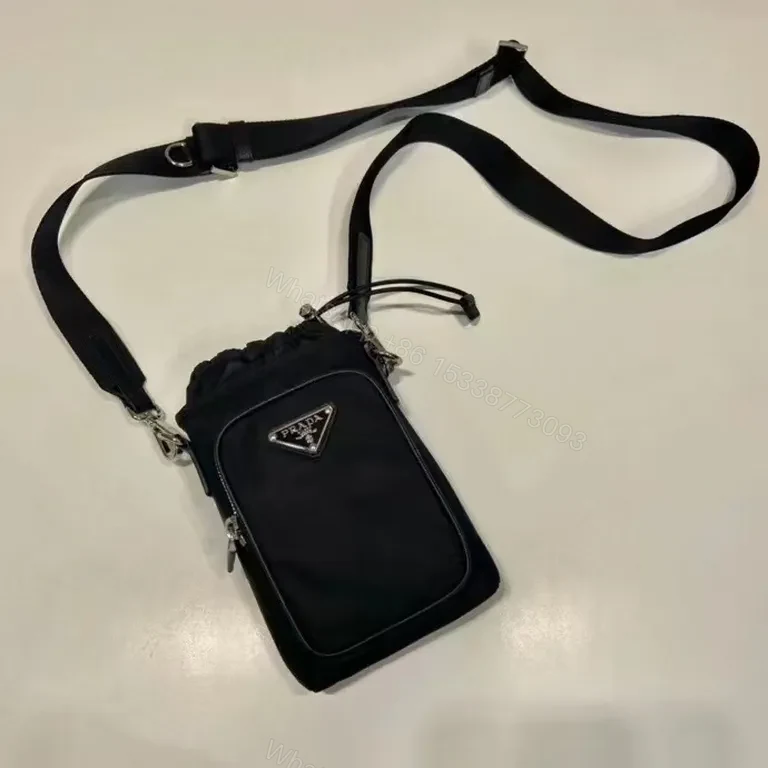 View 4 of Black Nylon Messenger Bag — Faux Prada Logo, Drawstring Closure, Adjustable Strap