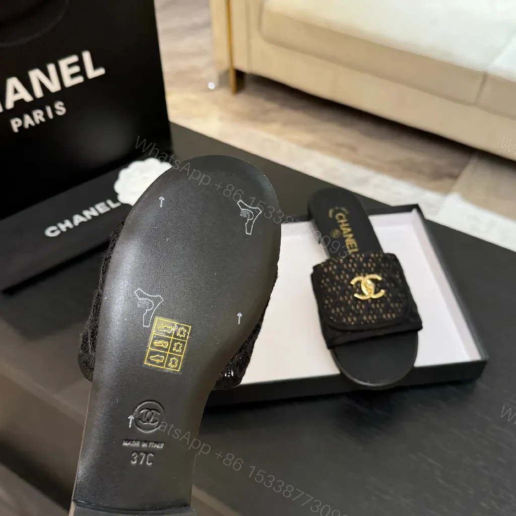 View 2 of Lux Black Chanel-Texture Slide with Gold Logo Accent