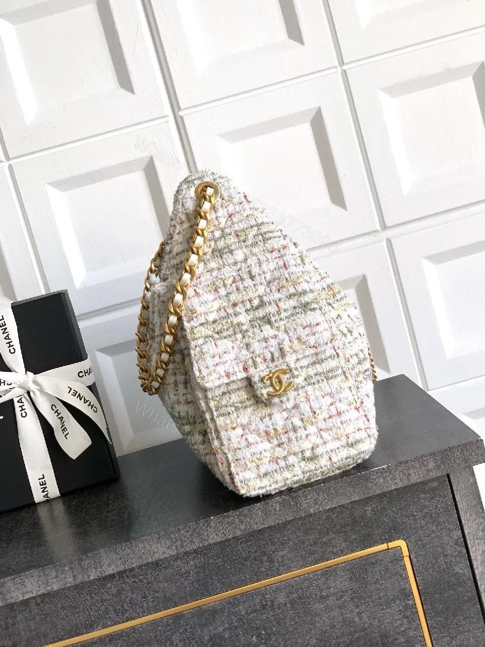 View 4 of Chanel-Inspired Tweed Handbag with Gold Hardware