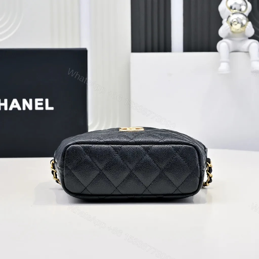 View 3 of Compact Black Quilted Mini Bag with Gold Hardware, Crossbody Style