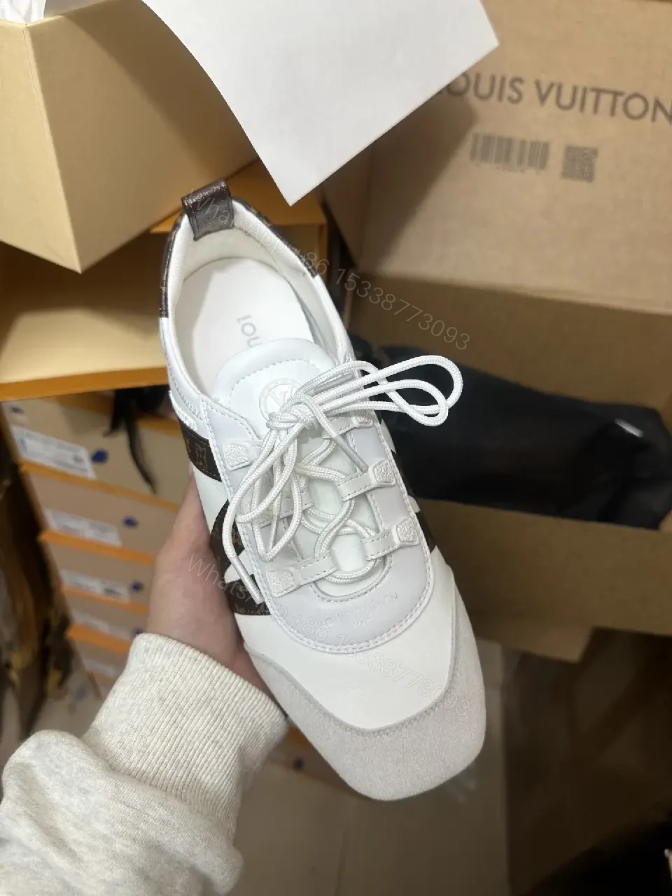 View 2 of White & Brown LV-Inspired Accent Runner Sneakers